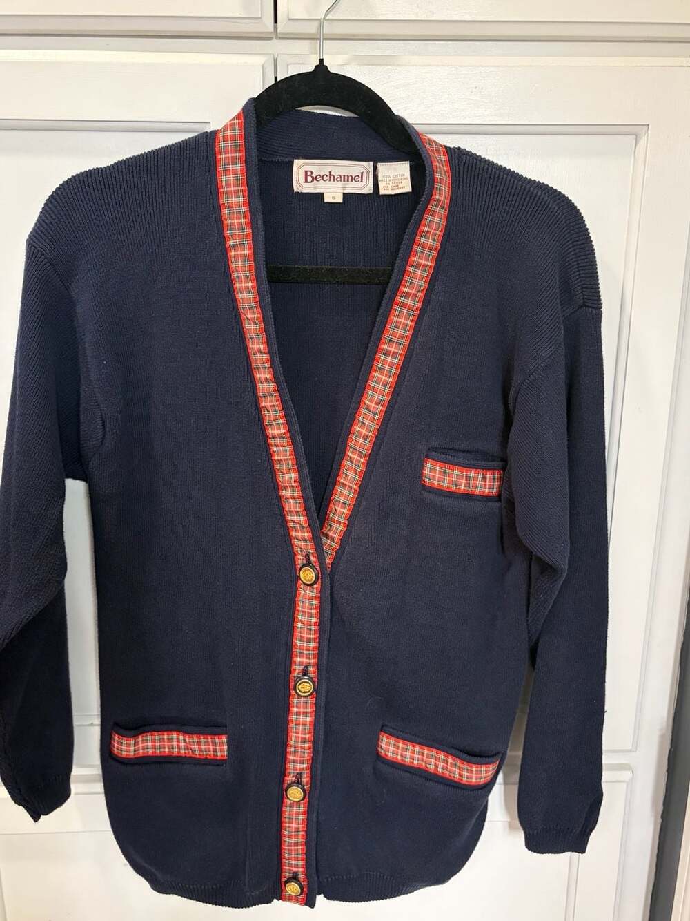 Bechamel Vintage 100% Cotton Navy Blue Cardigan with Red Plaid Trim Small